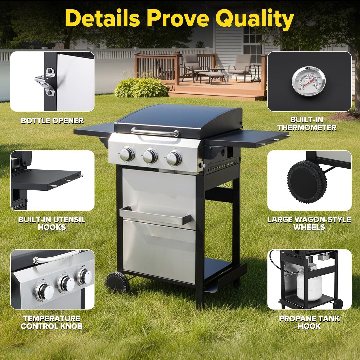 CIG GARDEN 3-Burner Gas Grill & Griddle Combo, 2-in-1 Propane BBQ with Stainless Steel Griddle, Cast Iron Grates & Lid - 30,000 BTU Flat Top for Patio, Backyard, Camping