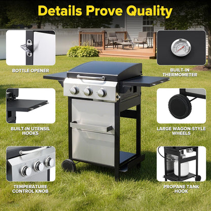 CIG GARDEN 3-Burner Gas Grill & Griddle Combo, 2-in-1 Propane BBQ with Stainless Steel Griddle, Cast Iron Grates & Lid - 30,000 BTU Flat Top for Patio, Backyard, Camping