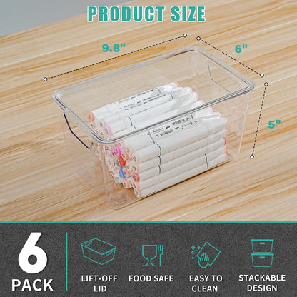 6 Pack Small Clear Storage Bins with Lids, Acrylic Arts and Craft Storage Containers, Stackable Clear Plastic Craft Storage Bins with Handles for Pantry Organizers and Storage, Kitchen, Fridge, Office