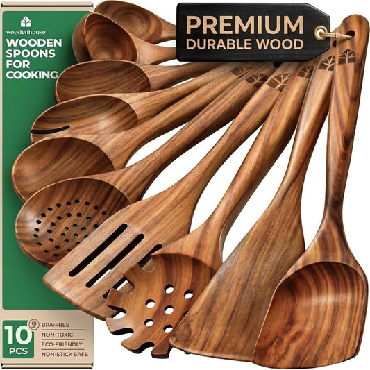 Wooden Spoons for Cooking – Non Toxic Teak Kitchen Utensils Set