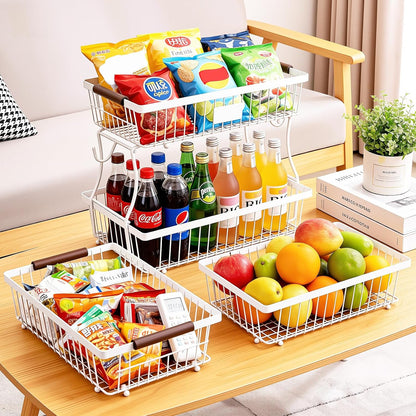 2-Tier Stackable Wire Basket with 2 Banana Hooks, Pantry Organizer for Kitchen Countertops, Cabinets & Under-Sink Spaces; Ideal for Storing Snacks, Fruits, Veggies, Onions, Potatoes, & More,Black