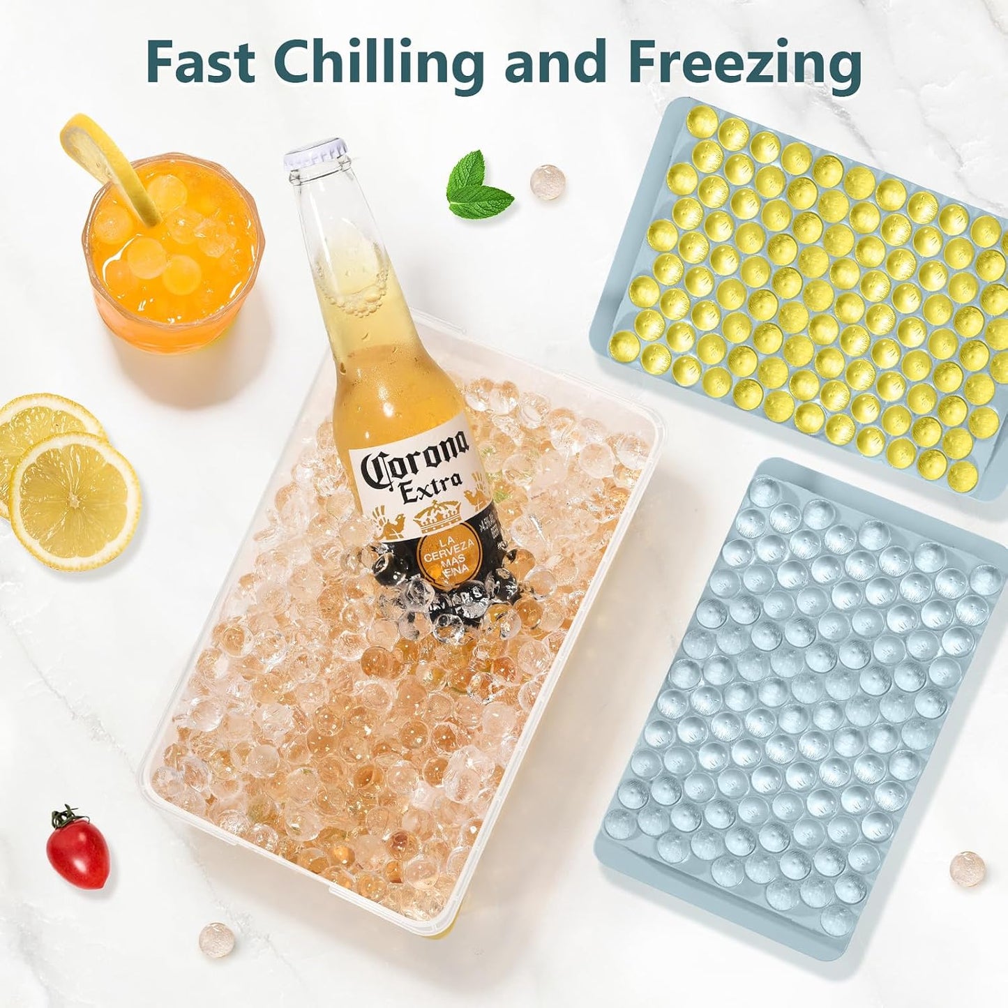 WIBIMEN Mini Ice Cube Trays, 0.55” Tiny Pebble Ice for Iced Coffee & Cocktails, Fast Chill, Easy Twist Release, Stackable with Lid & Storage Bin (2 Pack, Blue)