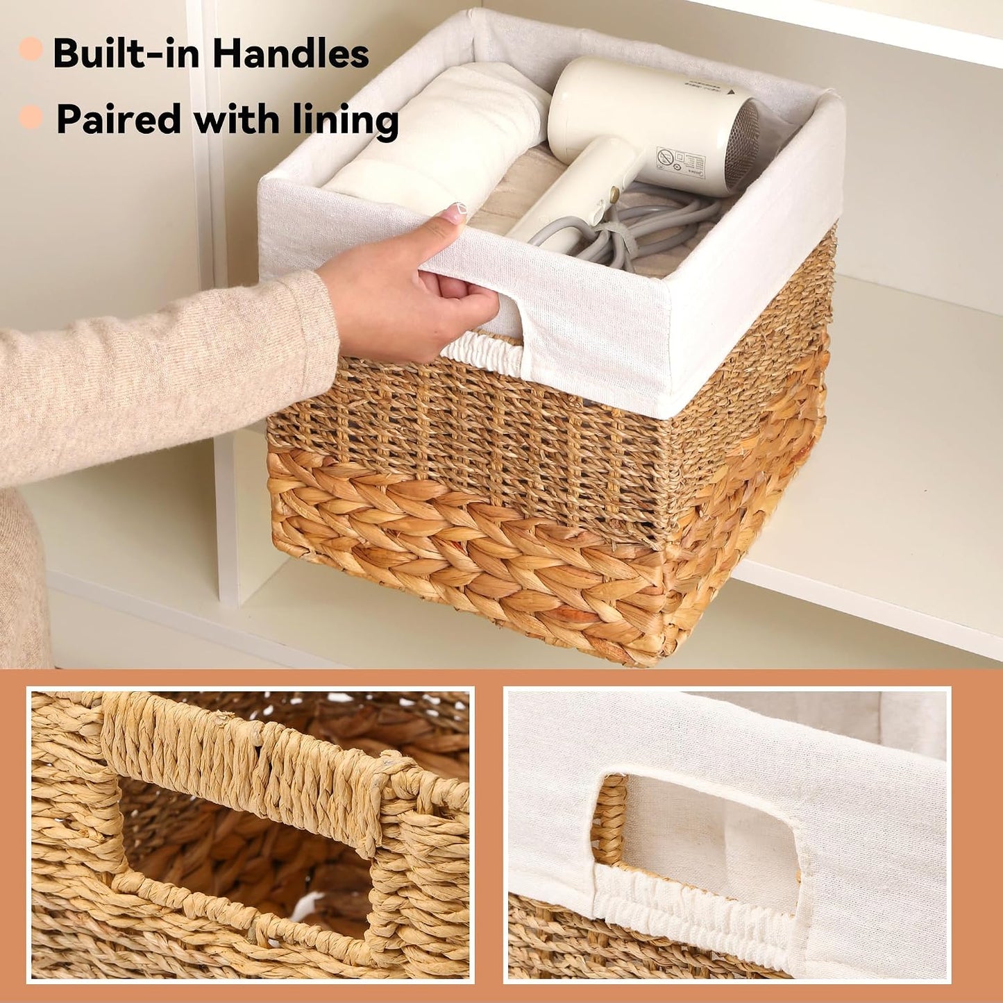 Wicker Storage Basket, Baskets for Organizing, Storage Basket with Built-in Handles, Water Hyacinth Shelves，Wicker Storage Baskets for Shelves, Water Hyacinth Storage Baskets (nature, 4-Pack)