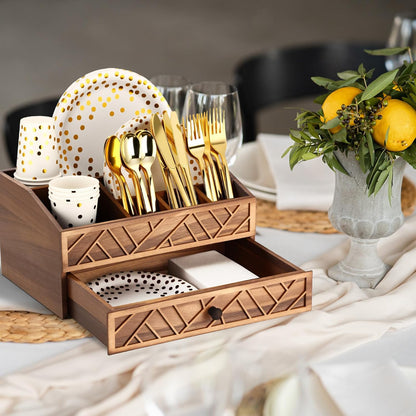 Marsui Paper Plate Dispenser, Wood Rustic Paper Plate Holder for Countertop with Drawer Silverware Utensil Caddy, Cutlery Flatware Organizer for Spoon Fork Napkins Kitchen Parties(Black)