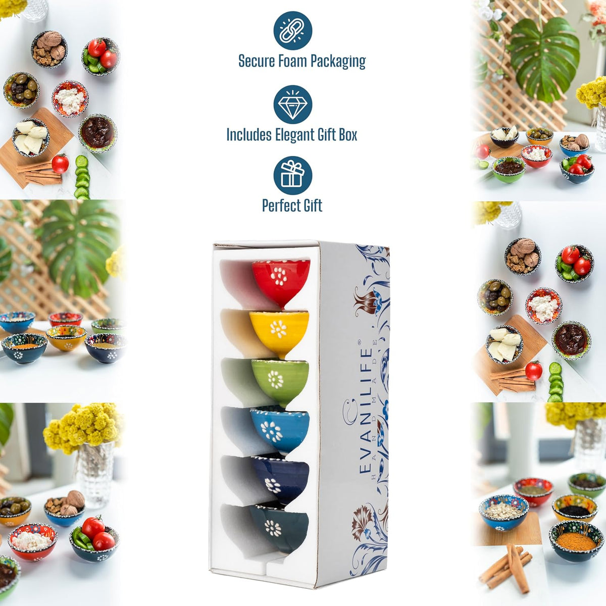Ceramic Small Dipping Bowls Set of 6, 3.5 Oz Soy Sauce Dish, Handmade Charcuterie, Colorful Pinch, Dishwasher & Microwave Safe, 3.2'' Mini (SULTAN'S GARDEN)