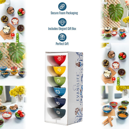 Ceramic Small Dipping Bowls Set of 6, 3.5 Oz Soy Sauce Dish, Handmade Charcuterie, Colorful Pinch, Dishwasher & Microwave Safe, 3.2'' Mini (SULTAN'S GARDEN)