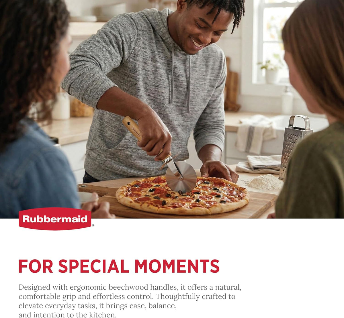 Rubbermaid Beechwood Pizza Cutter Wheel, Heavy Duty Sharp Pizza Slicer for Pizza, Dough, Pie Crust, Pastries | Stainless Steel Blade with Built In Finger Guard | Beechwood & Stainless Steel Collection