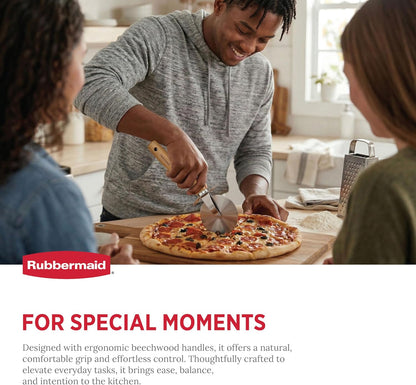 Rubbermaid Beechwood Pizza Cutter Wheel, Heavy Duty Sharp Pizza Slicer for Pizza, Dough, Pie Crust, Pastries | Stainless Steel Blade with Built In Finger Guard | Beechwood & Stainless Steel Collection