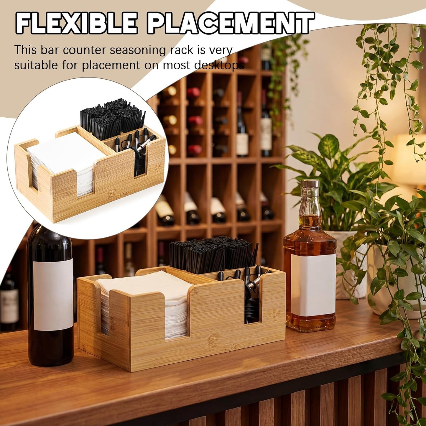 Mifoci Wooden Bar Caddy with 6 Compartments, Acacia Wood Bar Caddy Napkin & Straw Holder Organizer Cocktail Napkin Holder Condiments for Home Office Kitchen Countertop (Brown, 10.6 L x 5.5 W)