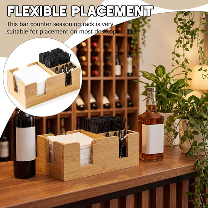 Mifoci Wooden Bar Caddy with 6 Compartments, Acacia Wood Bar Caddy Napkin & Straw Holder Organizer Cocktail Napkin Holder Condiments for Home Office Kitchen Countertop (Brown, 10.6 L x 5.5 W)