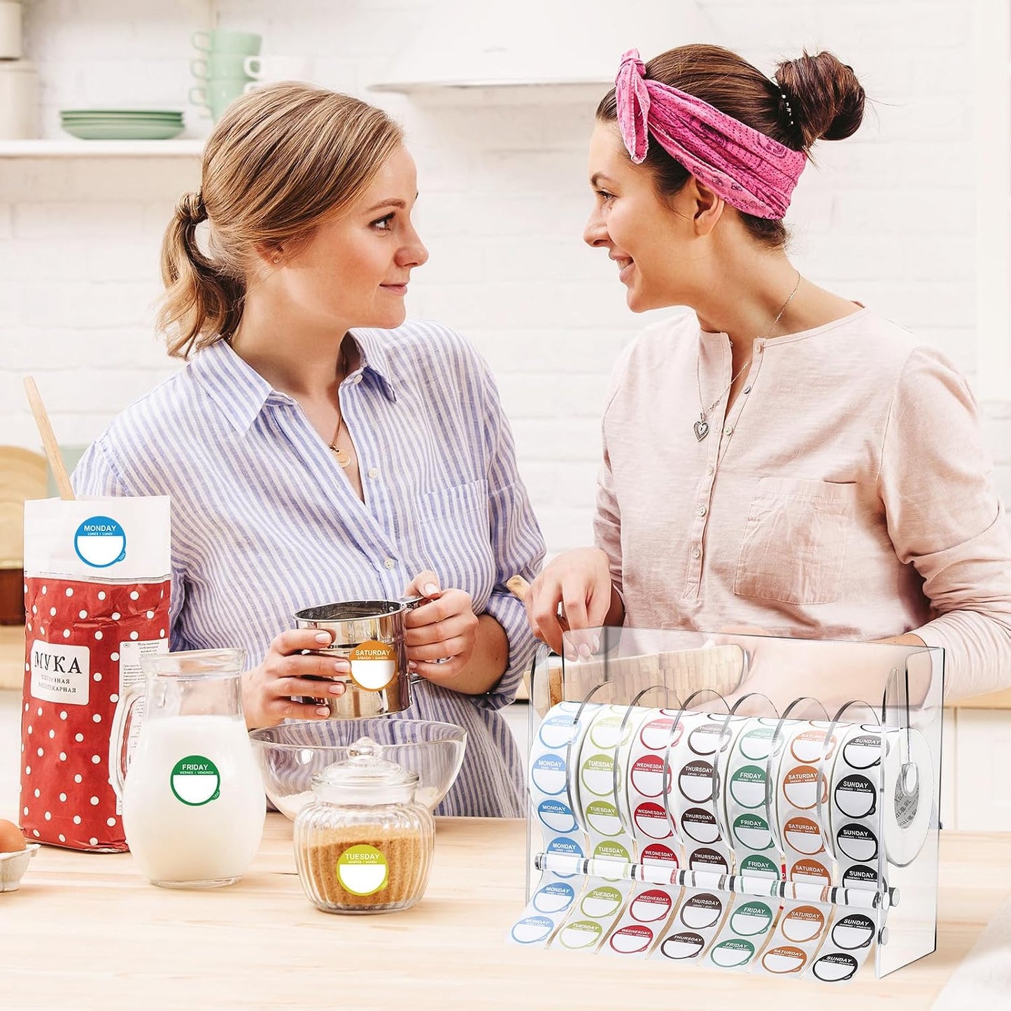 Resurhang 7000 Pcs Day of The Week Labels Food Labels with Adjustable Label Dispenser Monday Through Sunday Management Inventory Stickers Removable Weekly Self Adhesive Date Dot Stickers (Square)
