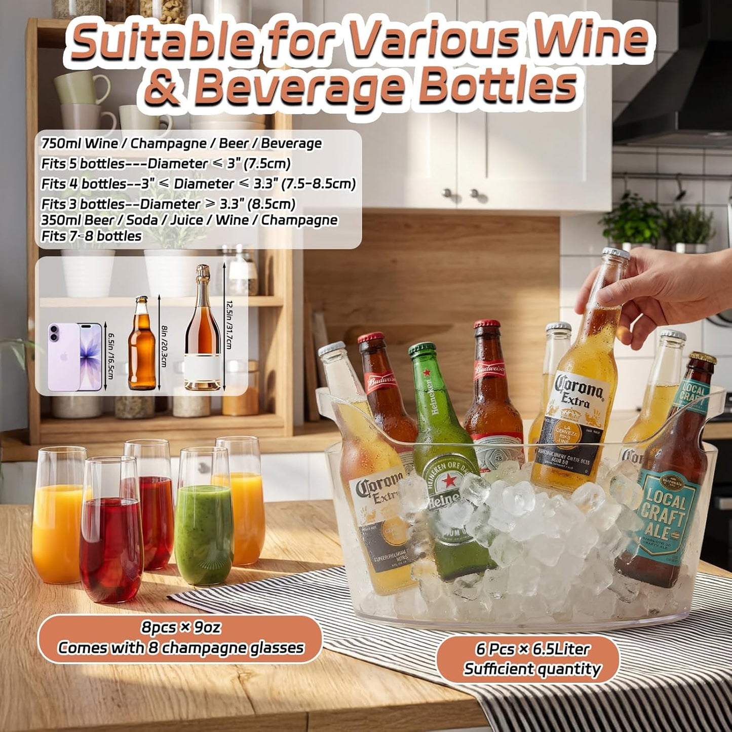 4 Pack 6.5L Clear Ice Buckets for Parties, Large Plastic Beverage Tub Set with Scoops, Champagne Flutes & Wine Opener, Portable Drink Cooler Champagne Bucket for Beer & Mimosa Bar Supplies
