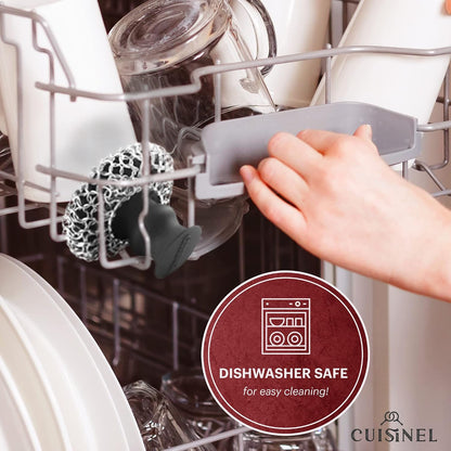 Cuisinel Cast Iron Scrubber Cleaning Brush + Pan/Grill Scraper - Skillet and Grill Cleaner Kit - Soft-Touch Confident-Grip Dish Scrub Tool - Tough on Grease, Gentle on Metal and Non-Stick Cookware