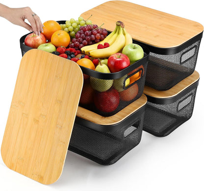 Sawysine 4 Pcs Metal Mesh Steel Basket with Handles and Bamboo Lids 16 x 9.8 '' Stackable Black Wire Basket Pantry Organization and Storage for Cabinets Shelves Kitchen Harvest