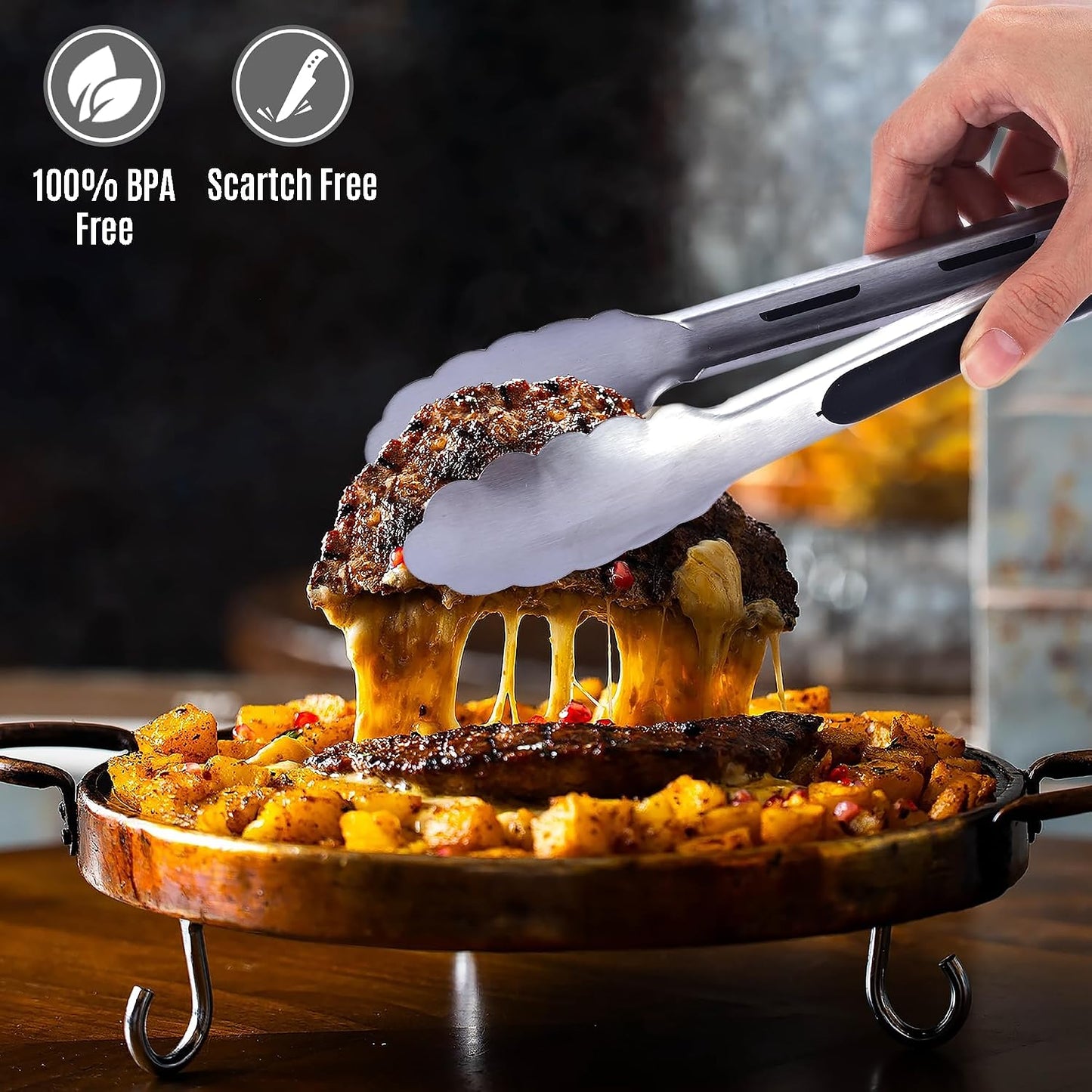 Pack of 3 Stainless Steel Kitchen Tongs with Silicone Tips – Non-Stick Cooking, Grilling & BBQ Tongs for Serving, Dishwasher Safe, 7", 9" & 12", Black