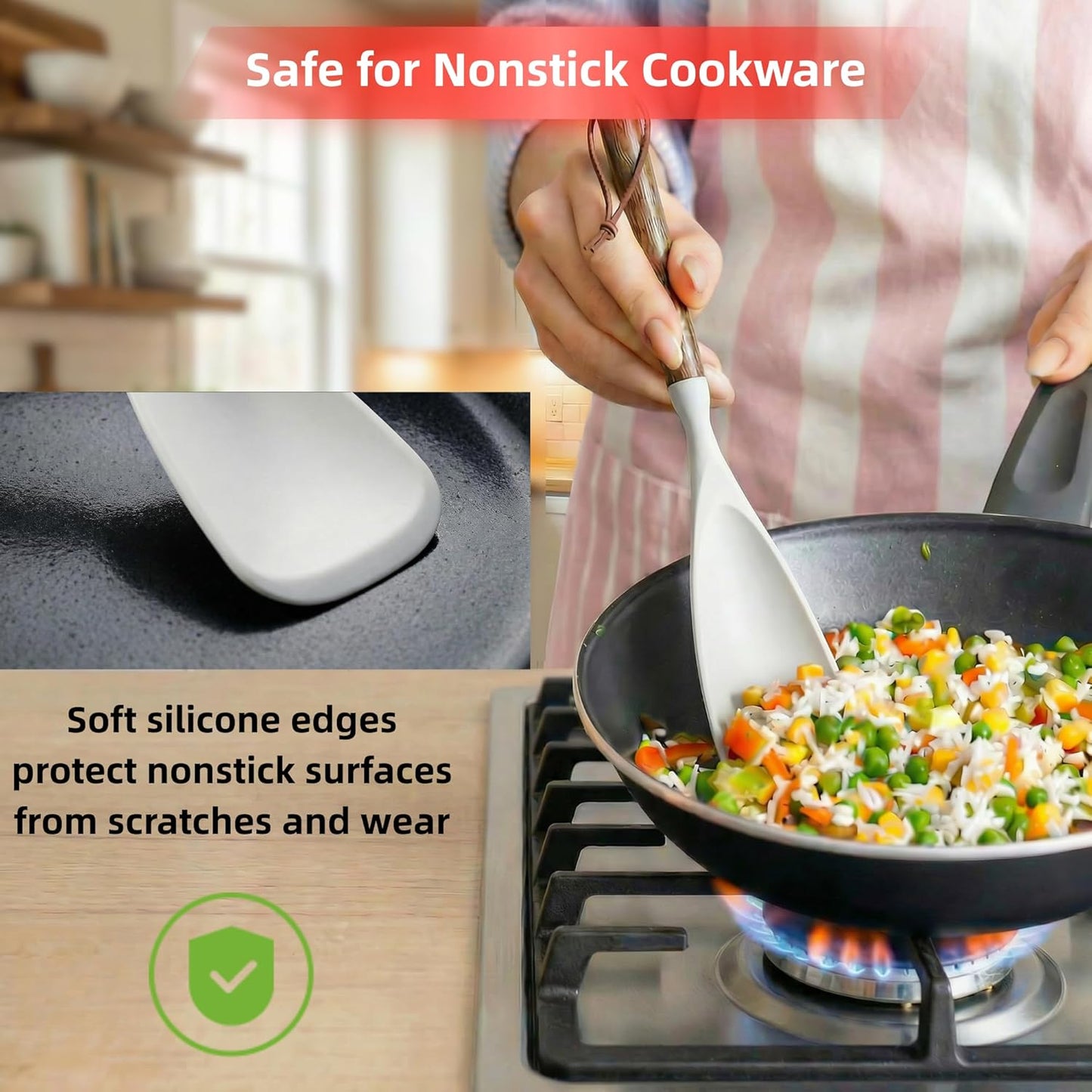 2-Pack Silicone Spoonula with Wooden Handle, BPA-Free Spatula Spoon for Nonstick Cookware, Heat Resistant Cooking Spoon for Mixing, Scraping, Scooping and Serving(Black)