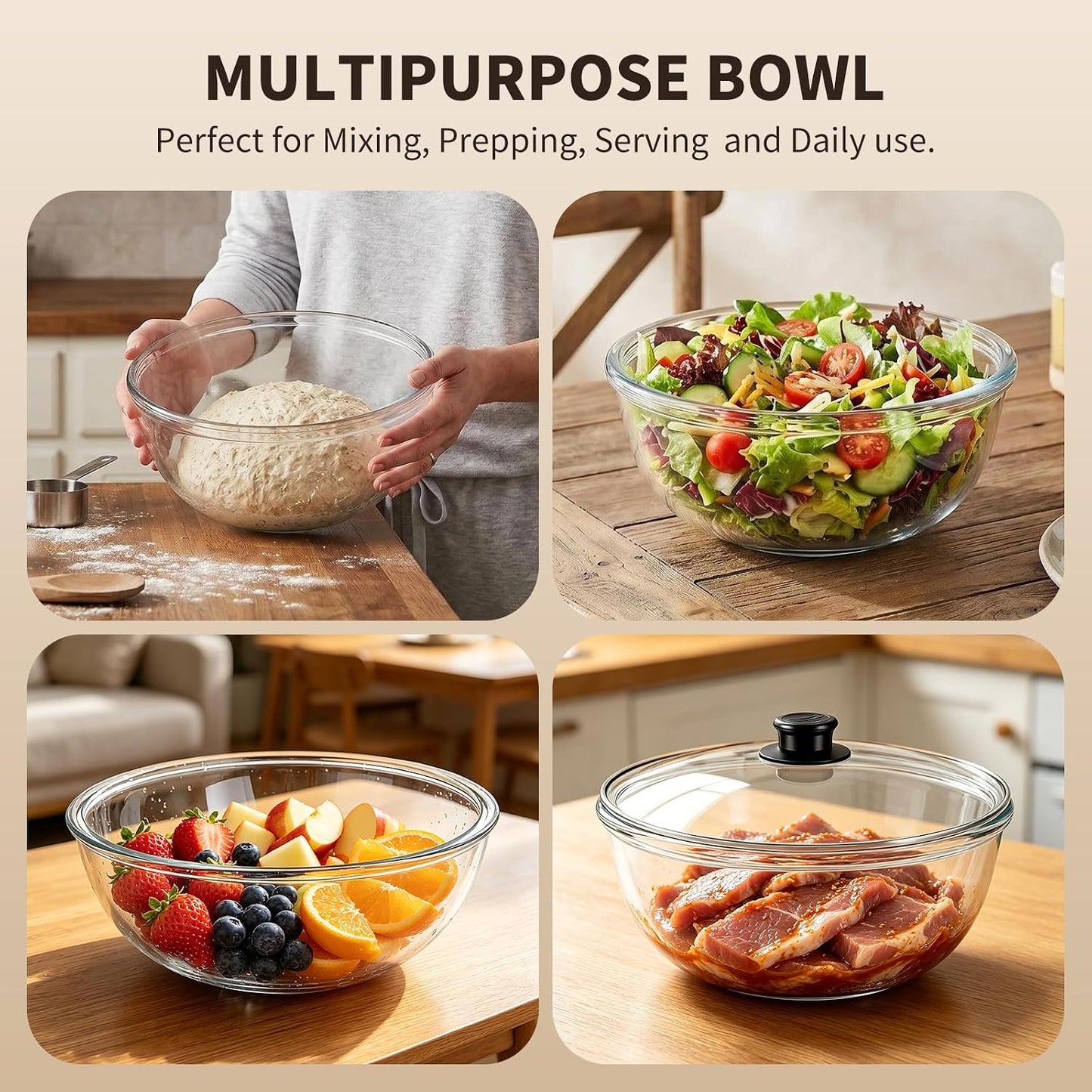 6.3 QT Glass Mixing Bowl with Lid, Large Glass Bowl for Sourdough Bread Making, Deep Glass Salad Bowl for Cooking, Baking, Food Prep, Dishwasher Microwave Freezer Safe