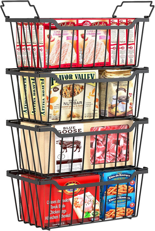 SUNALLY Freezer Organizer Bins, 8 Pack Chest Freezer Organizer Stackable for 5-7 Cu.FT Deep Freezer Sort Frozen Meats and Food, Freezer Storage Baskets with Handles Easy Reach from Bottom, White