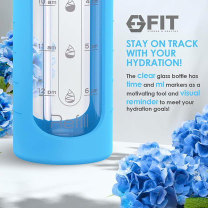 FIT Strong & Healthy 3 Compartments Glass Meal Prep Containers (3 Pack, 35 oz) and 32 oz Glass Water Bottle with Straw Lid, Time Marker, Sleeve & Extra Lid Bundle