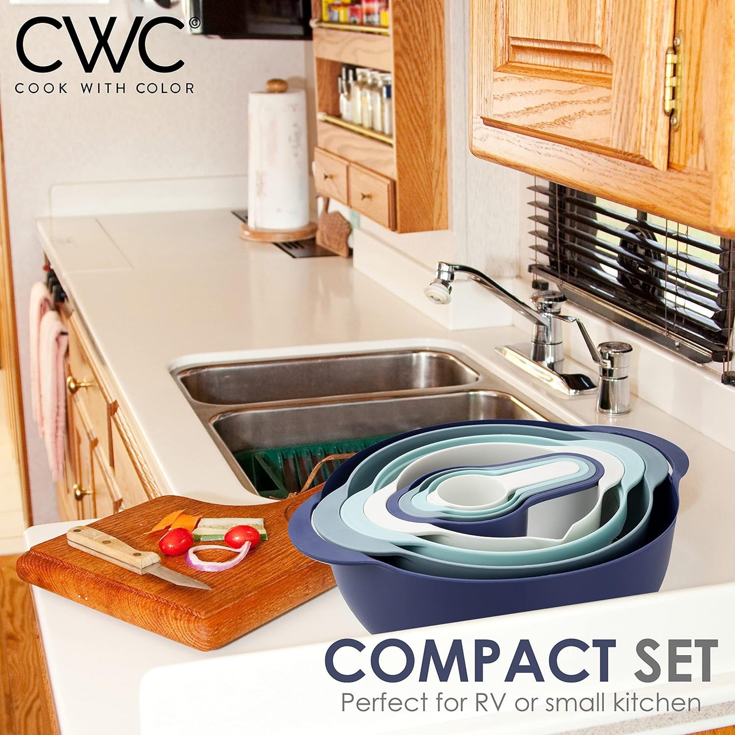 COOK WITH COLOR Nesting Bowls with Measuring Cups Colander and Sifter Set - Includes Mixing Bowls, Colander, Sifter and Measuring Cups, Navy, 8 Pc Bowl