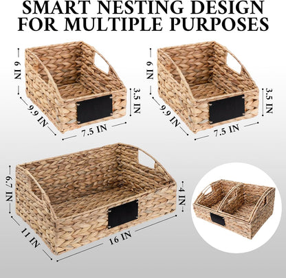 Set of 4 Sizes Hand-Woven Pantry Shelf Baskets, Hyacinth Storage Baskets with Chalkboard Labels & 2 Chalk Markers, Wicker Nestable Basket Set for Organizing Pantry Kitchen Laundry Shelves (Brown)