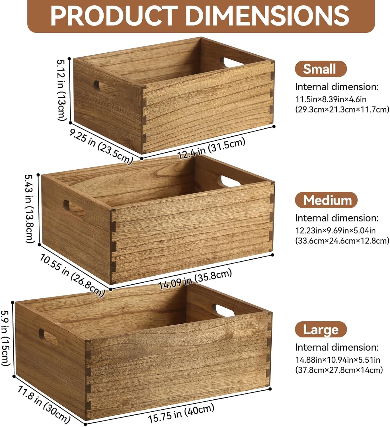 KIRIGEN Nesting Wood Crates with Handles, Set of 3 Storage Boxes Natural | 3 Different Size Decorative Box Organizer for Towels, Books, Crafts Fully Assembled