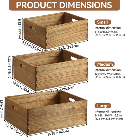 KIRIGEN Nesting Wood Crates with Handles, Set of 3 Storage Boxes Natural | 3 Different Size Decorative Box Organizer for Towels, Books, Crafts Fully Assembled