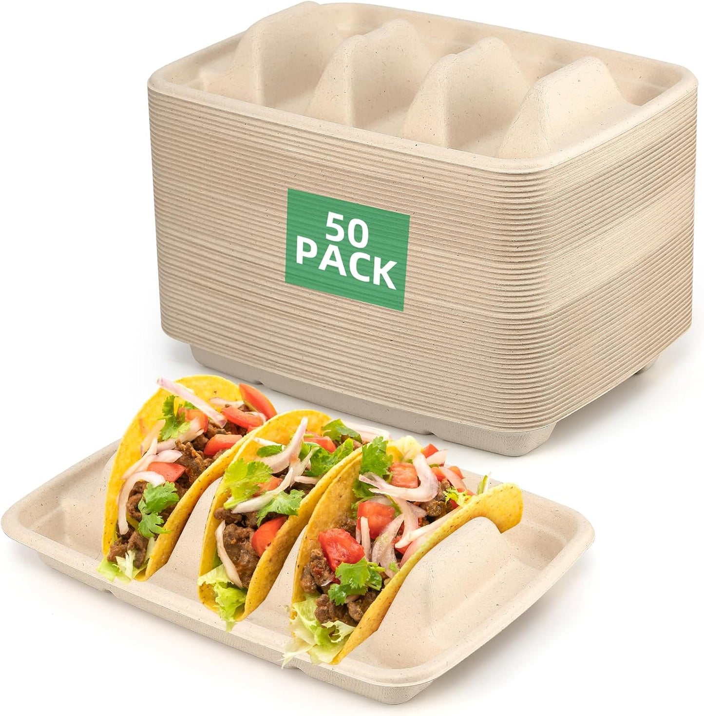 Disposable Taco Holders for Party - Bagasse Pulp Fiber Plates With 3 Dividers for Gathering, Fiesta Tray, Recyclable for Taco Tuesday Lazy Susan Bar (50PCS)