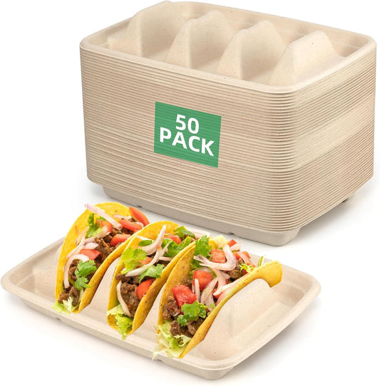 Disposable Taco Holders for Party - Bagasse Pulp Fiber Plates With 3 Dividers for Gathering, Fiesta Tray, Recyclable for Taco Tuesday Lazy Susan Bar (50PCS)