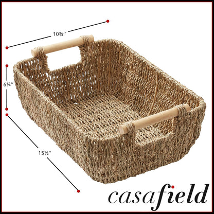 Casafield Set of 2 Water Hyacinth Oval Storage Baskets with Wooden Handles - Medium, Woven Bin Organizers