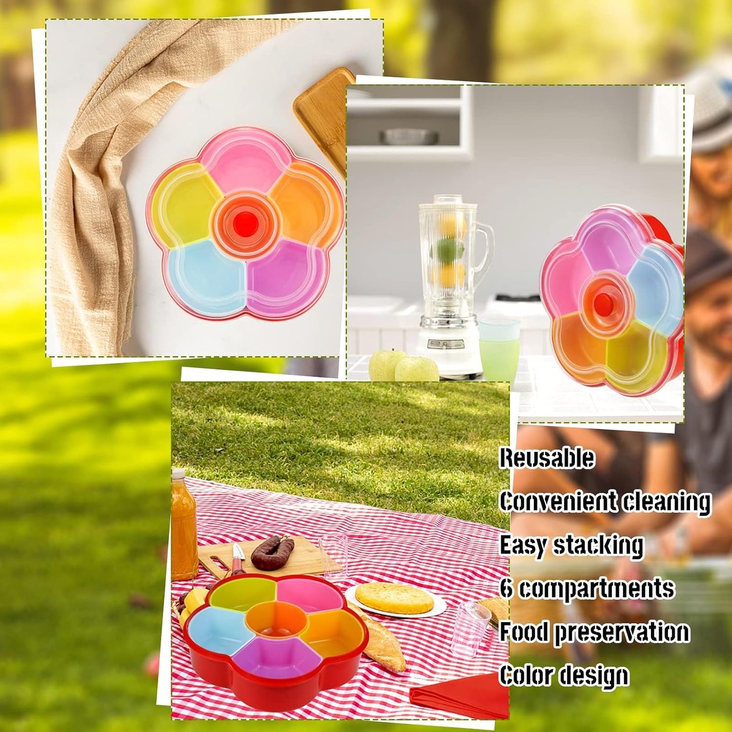 Divided Snack Serving Tray with Lid, Reusable Veggie Tray Snackle Box Container, Colored Flower Shaped Fruit Trays Large, Candy and Nut Snack Tray Appetizer Platter for Party, Travel