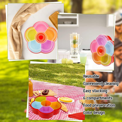 Divided Snack Serving Tray with Lid, Reusable Veggie Tray Snackle Box Container, Colored Flower Shaped Fruit Trays Large, Candy and Nut Snack Tray Appetizer Platter for Party, Travel