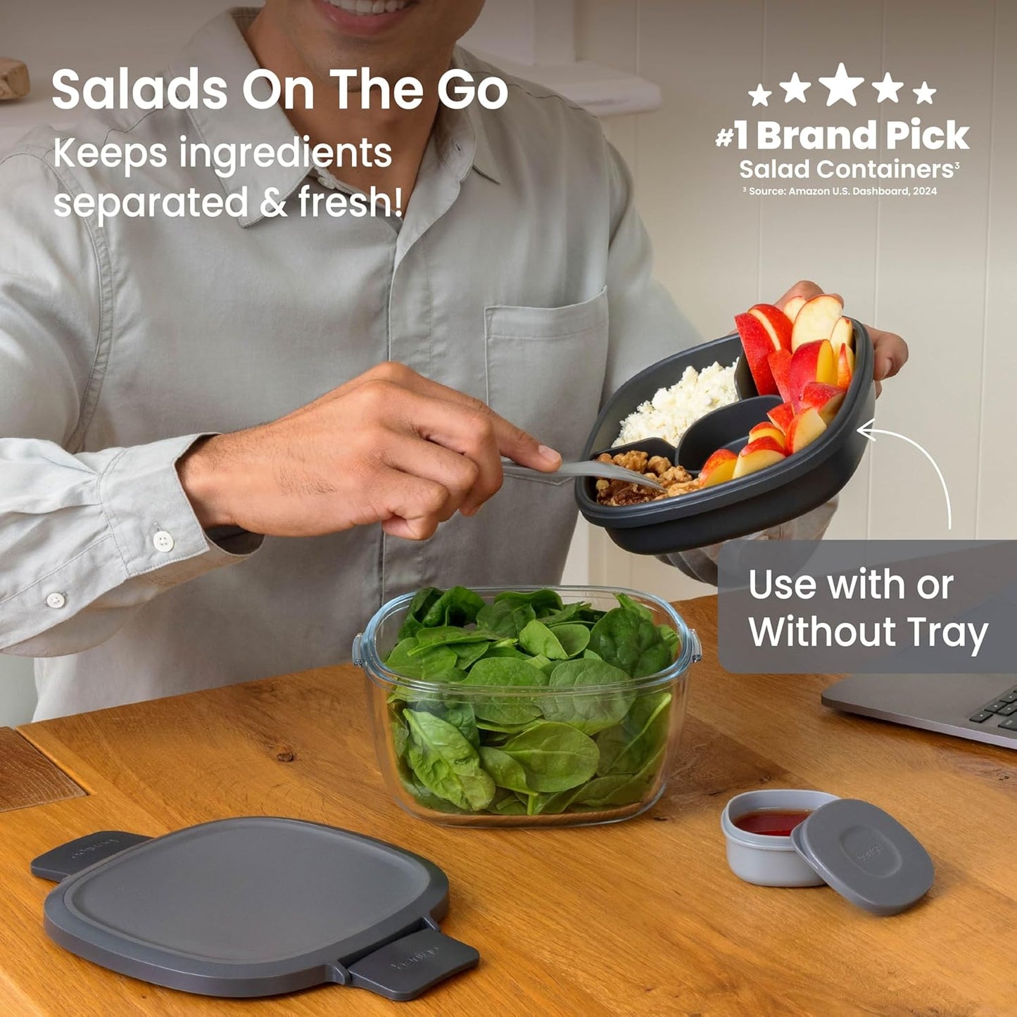Bentgo Glass Salad Container - 7.6-Cup Salad Bowl with Airtight Lid, Leak-Proof Sauce Container, 4-Compartment Bento Tray & Reusable Fork - BPA-Free for Meal Prep, Office & More (Light Blue)