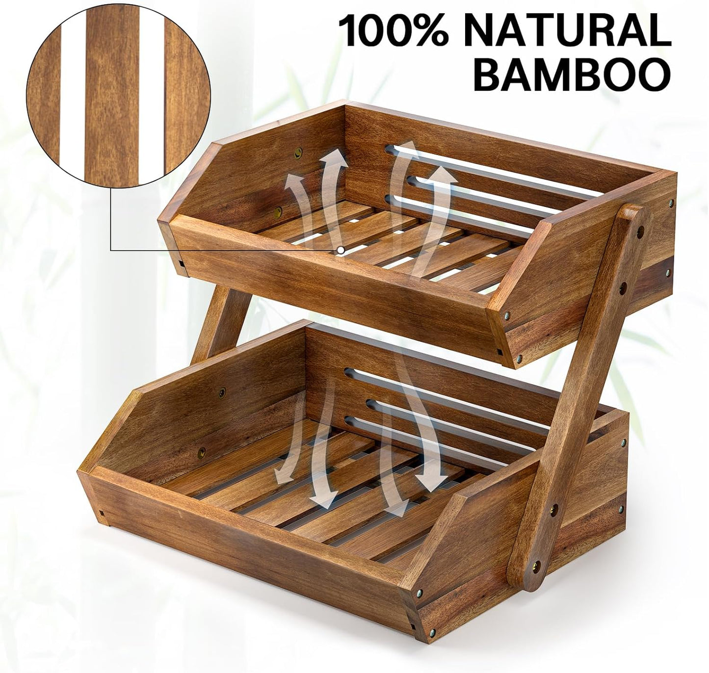 G.a HOMEFAVOR Large Bamboo Fruit Basket, 2-Tier Fruit Bowl for Kitchen Counter, Vegetable Storage Stand for Fruit Shop, 15 mm Thickness (Self-assembly)