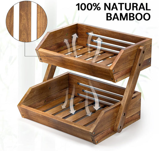 G.a HOMEFAVOR Large Bamboo Fruit Basket, 2-Tier Fruit Bowl for Kitchen Counter, Vegetable Storage Stand for Fruit Shop, 15 mm Thickness (Self-assembly)