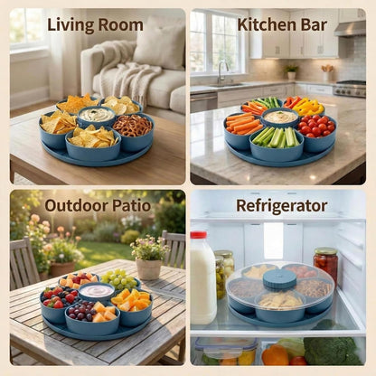 Multi-Compartment Rotating Snack Container with Clear Lid - Dust-Proof Divided Snack Tray for Parties & Picnics, Portable Lazy Susan Food Organizer, Covered Travel Snack Box (Blue)