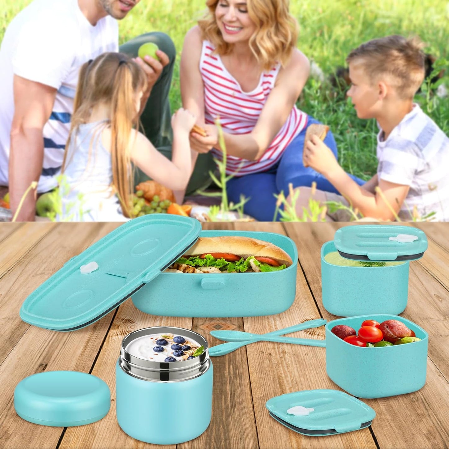 Pawtong Bento Lunch Box with 8oz Soup Thermo, Kids Sustainable Bento Box Leakproof Lunch Food Containers with Lunch Bag, Kids Thermo Insulated Hot Food Jar for School, Trvael (Blue)