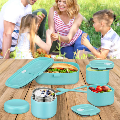 Pawtong Bento Lunch Box with 8oz Soup Thermo, Kids Sustainable Bento Box Leakproof Lunch Food Containers with Lunch Bag, Kids Thermo Insulated Hot Food Jar for School, Trvael (Blue)
