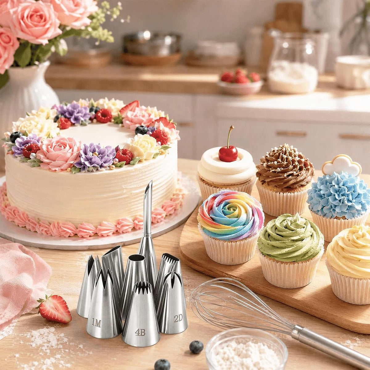 8PCS Large Piping Tips Set, Piping Bags and Tips Set, 304 Stainless Steel Cake Decorating Tips with Reusable Piping Bag, Cake Decorating Kit for Cookie, Cupcake, Cake Decoration