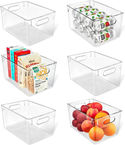 Lifemaster Multi-purpose Refrigerator Bins - 6 pieces Large Capacity Stackable Fridge Bin Organizer with Easy Grip Handles - Clear