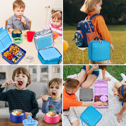 Bento Lunch Box with 8oz Soup Thermo,Kids Leakproof 4 Compartment Lunch Food Containers with Sauce Cup and Ice Pack,Kids Thermo Insulated Hot Food Jar and Lunch Bag for School,Trvael-Black