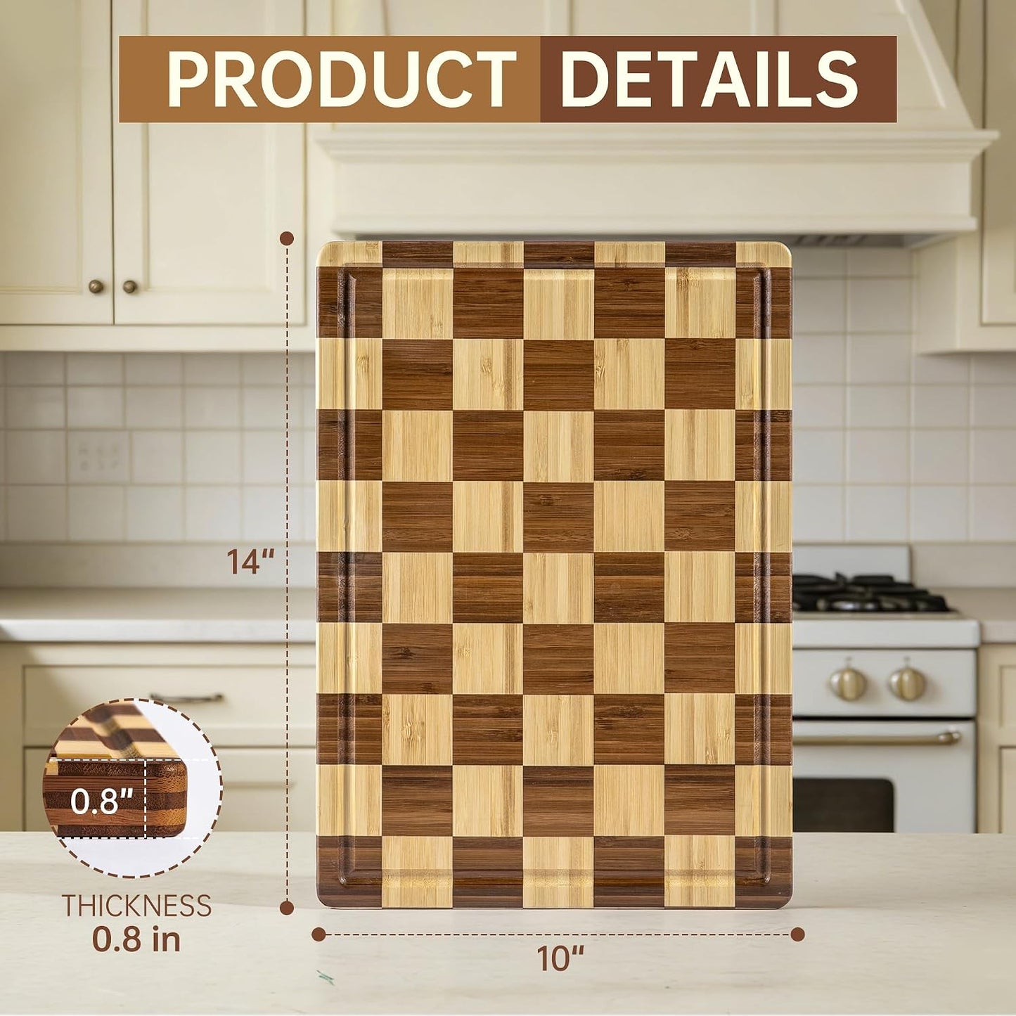 THETCHRY Bamboo Cutting Board Set, Checkered Wood Cutting Boards for Kitchen with Juice Groove, Non Toxic Wooden Charcuterie Boards, Non Slip Chopping Board for Meat Fruit Cheese, Housewarming Gift