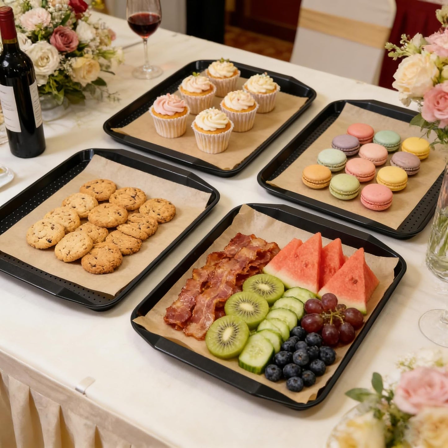 TP 17x12 Inch Plastic Serving Trays Set of 4, Durable Serving Platters with Anti-Slip Dots, BPA-Free Stackable Food Tray for Party, Family Gathering, BBQ,Black