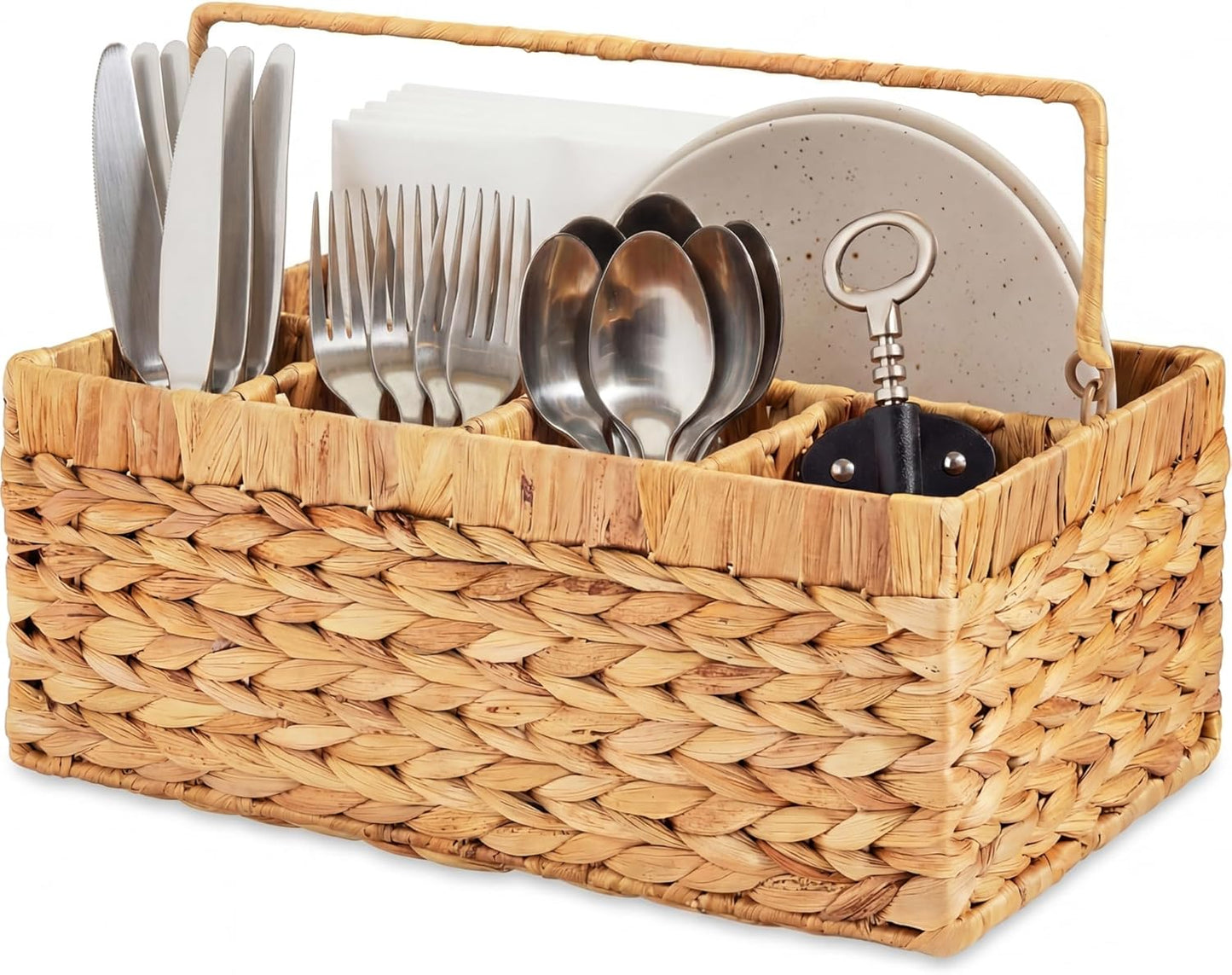 Best Choice Products Handwoven Silverware Organizer w/Handle, 5 Compartment Flatware Organizer, Shelf Storage Basket, Wicker Utensil Caddy, Cutlery Basket Holder for Party, Picnic, BBQ - Chestnut