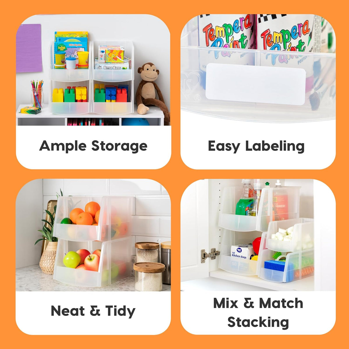 IRIS USA Clear Plastic Stackable Storage Bins, Large- 8 Pack, Open Front Fridge Pantry Kitchen Closet Cabinet Bathroom Organizer Basket for Organizing Snack, Cans, Office Supplies, and Coffee Pods