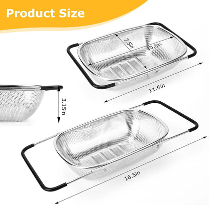 ZDRongZhen Kitchen Accessories Over the Sink Colander Strainer Basket，Stainless Steel Colander with Expandable Rubber Grip Sink Drainer-Rinse Vegetables Fruits &Strain&Drain (Large-Fine mesh)