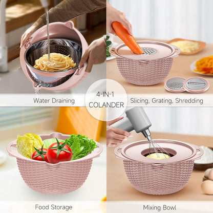 4-1 Colander with Bowl & Spoons Set - Rotatable Colander for kitchen with New Upgraded Graters, Food Strainer(Patented) for Pasta, Fruits, Vegetables, Funny Presents for Women, Beige