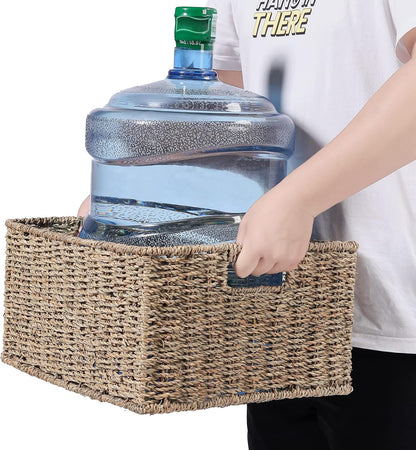 HOONEX Water Hyacinth Storage Baskets, Wicker Baskets for Storage, Hand Woven Baskets with Carry Handles, Set of 2, Natural