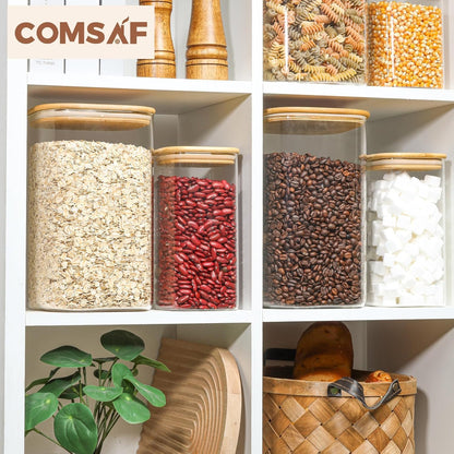 ComSaf Glass Storage Jars with Bamboo Lids 4.6 Qt 2 Pack Large Wide Mouth | Pantry organization, Flour Sugar Coffee Beans, Pasta Cereal Dry Food, 1.2 Gallon, Cabinet Organization, Dry Food Storage