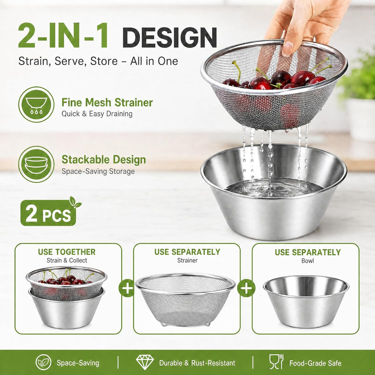 WRINGKIT 4 Pcs 304 Stainless Steel Colander Bowl Set, Dishwasher Safe